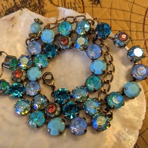 Brilliant Teal & Flower Crystals Necklace and Earrings on Brass
